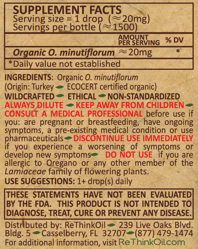 1 oz Pure Oregano Essential Oil Supplement Facts